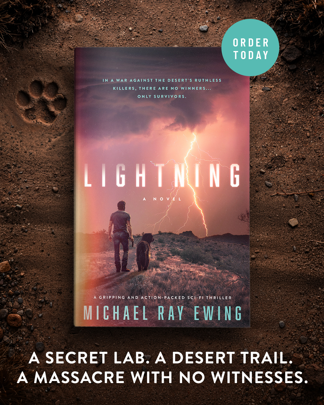 book cover of the thriller LIGHTNING with a man and dog walking across the desert